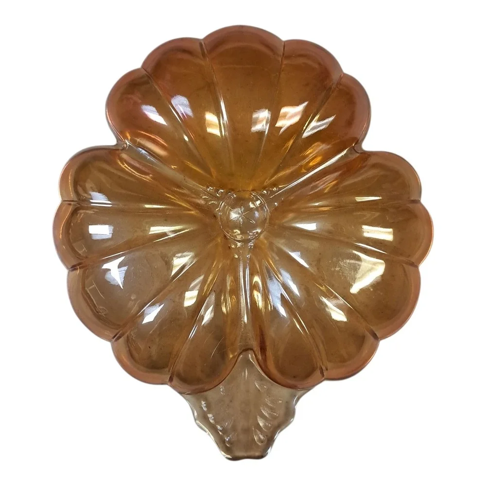 VTG Depression Carnival Glass Iridescent Marigold Gold‎ 3 Leaf Clover Candy Dish